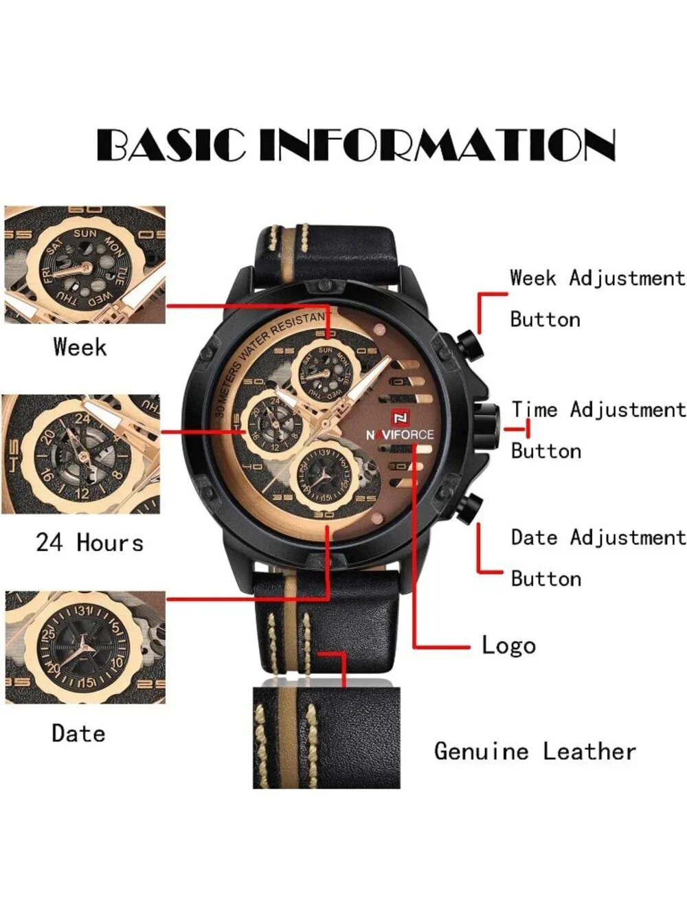 Men's Black Rose Gold Analog Quartz Leather Band Waterproof Military Wrist Watch